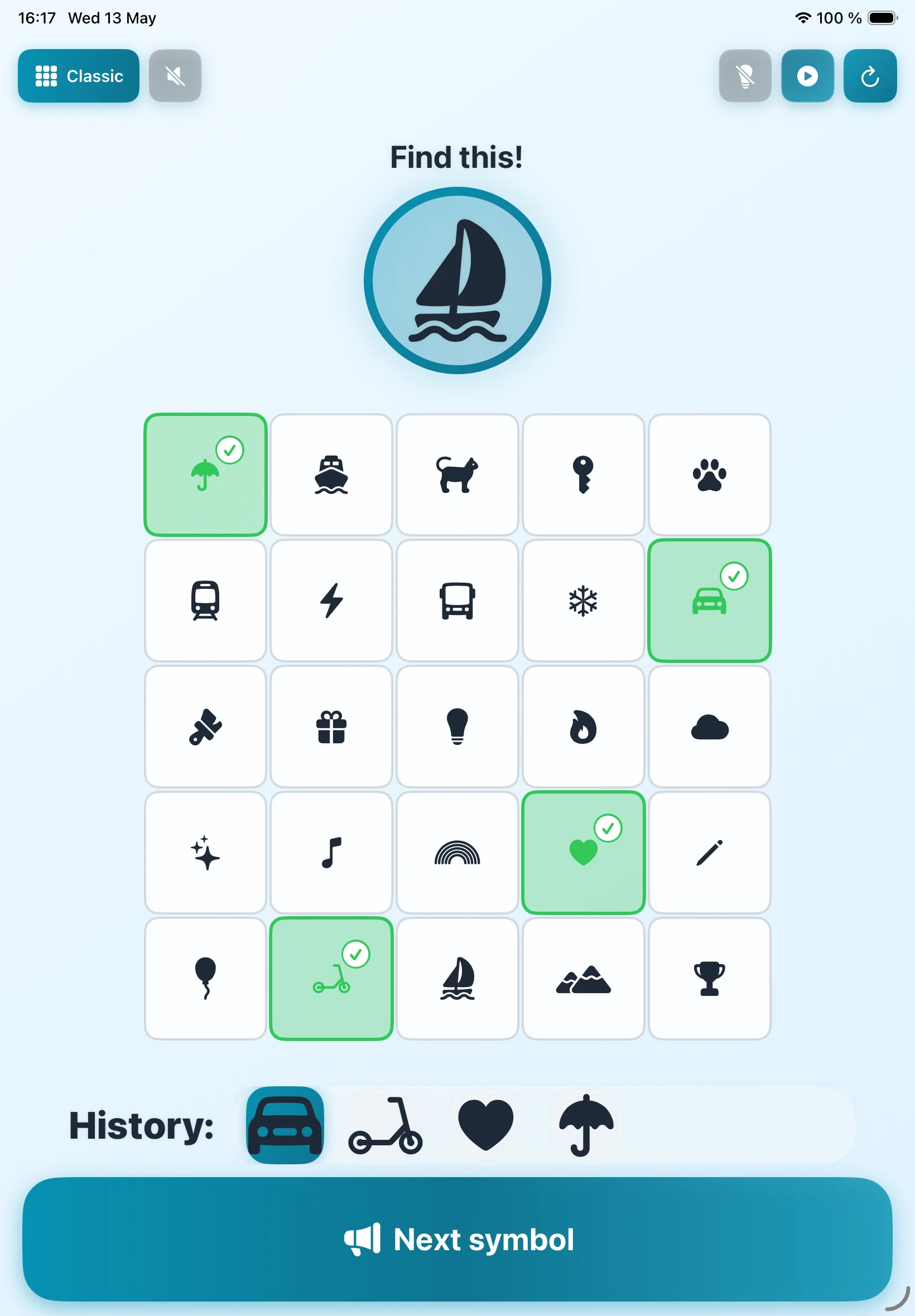 BingoPix on iPad — picture bingo in play with a 5x5 symbol grid