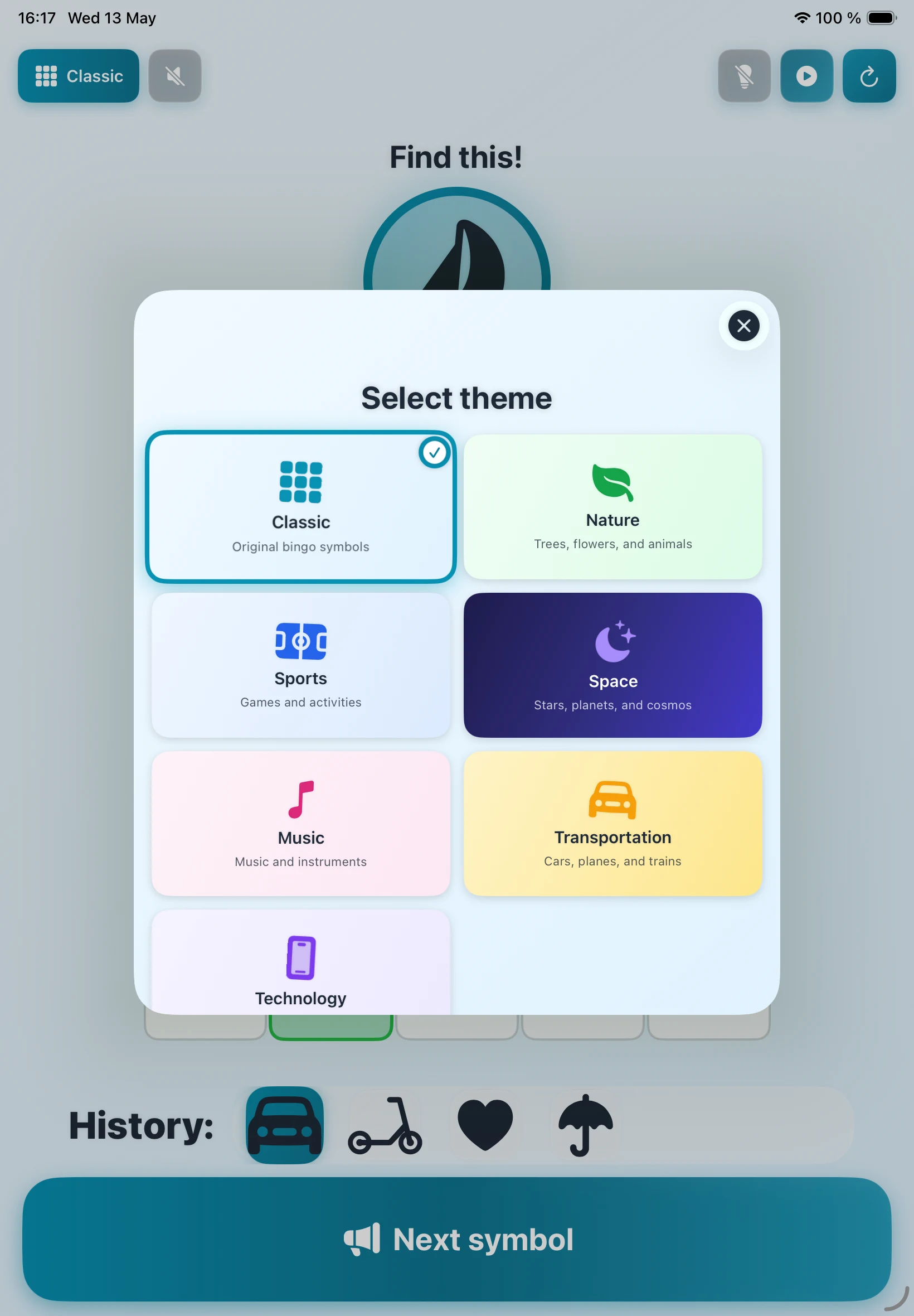 BingoPix on iPad — choose a symbol theme