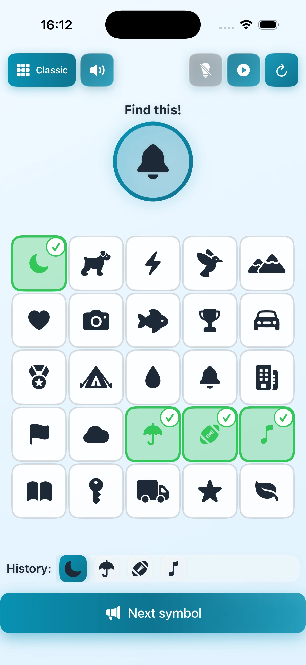 BingoPix on iPhone — picture bingo in play with a 5x5 symbol grid