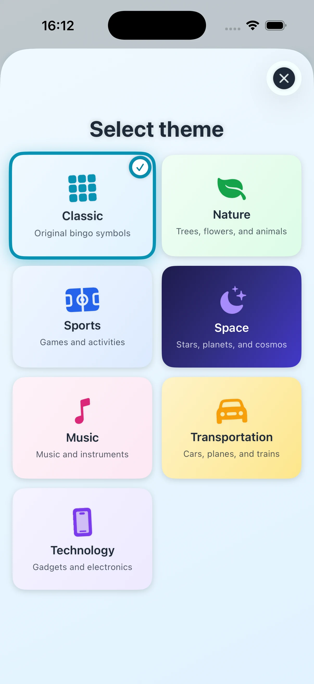 BingoPix on iPhone — choose a symbol theme