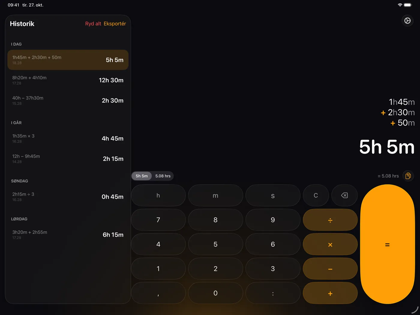 ChronoCalc Pro på iPad - resultatet 5h 5m ved siden af et historikpanel sorteret efter dag