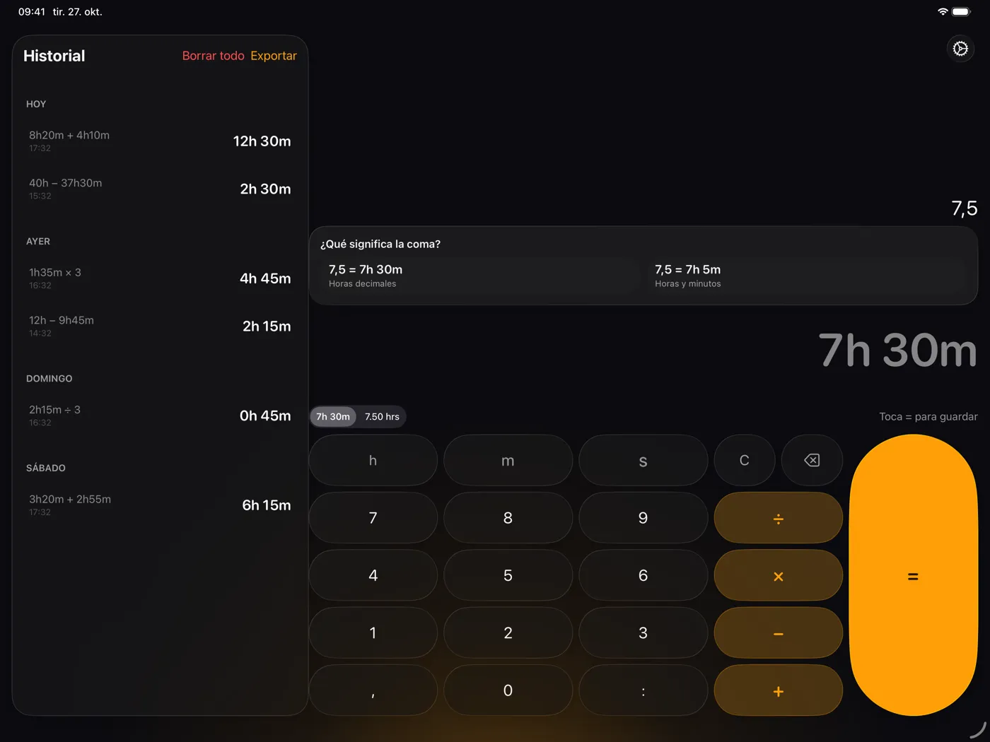 ChronoCalc Pro en iPad - la pregunta sobre qué significa la coma: 7,5 como 7 h 30 min (horas decimales) o 7 h 5 min (horas y minutos)