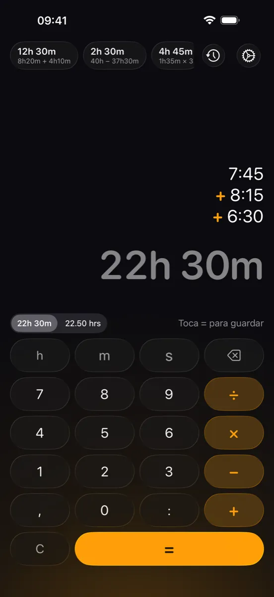 ChronoCalc Pro en iPhone - vista previa en directo de 7:45 + 8:15 + 6:30 = 22h 30m mientras escribes, antes de tocar =