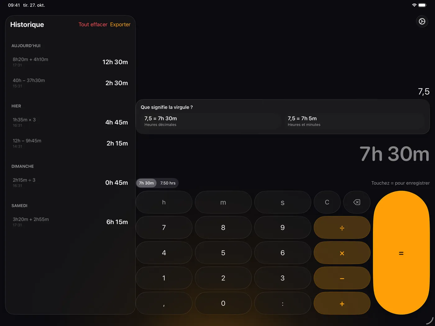 ChronoCalc Pro sur iPad - la question sur le sens de la virgule : 7,5 pour 7 h 30 min (heures décimales) ou 7 h 5 min (heures et minutes)