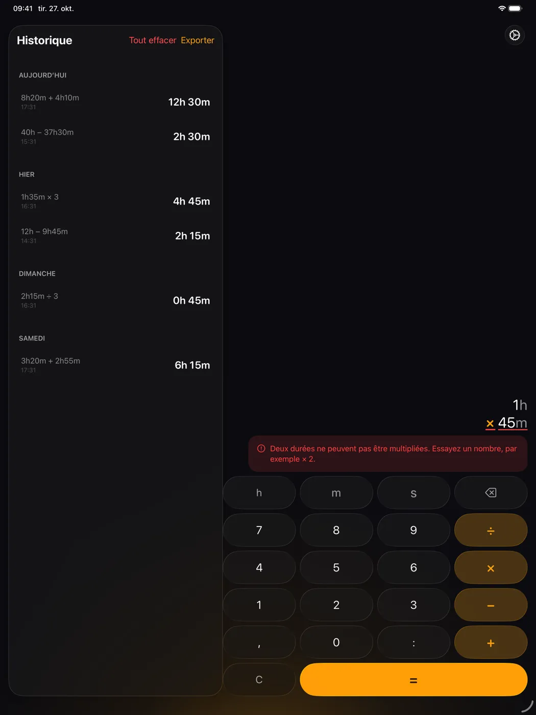 ChronoCalc Pro sur iPad - un message d'erreur clair : deux durées ne peuvent pas être multipliées entre elles, avec la suggestion d'un nombre comme × 2