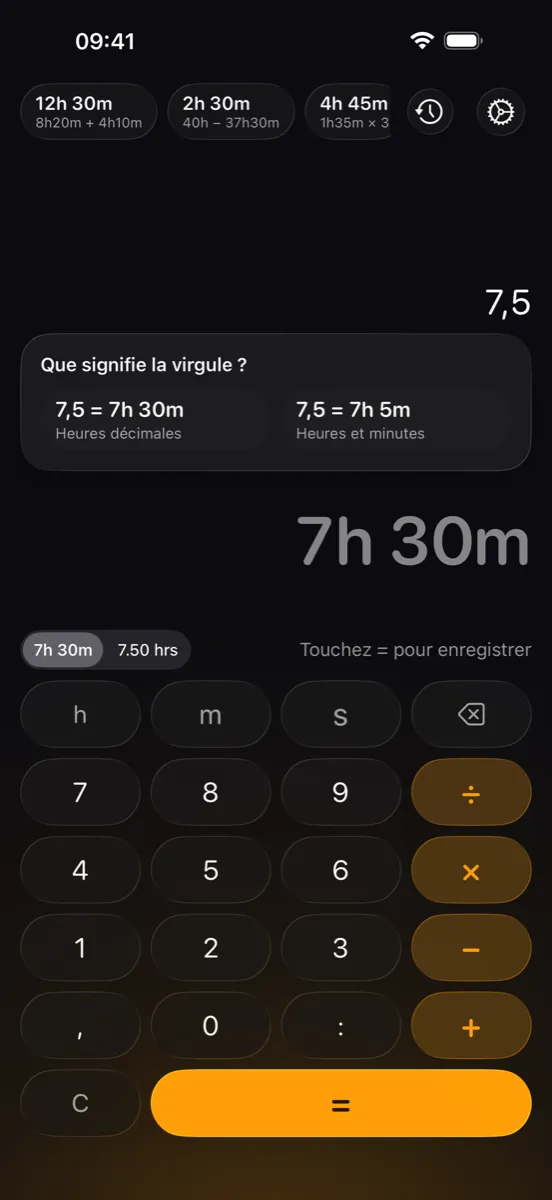 ChronoCalc Pro sur iPhone - la question sur le sens de la virgule : 7,5 pour 7 h 30 min (heures décimales) ou 7 h 5 min (heures et minutes)