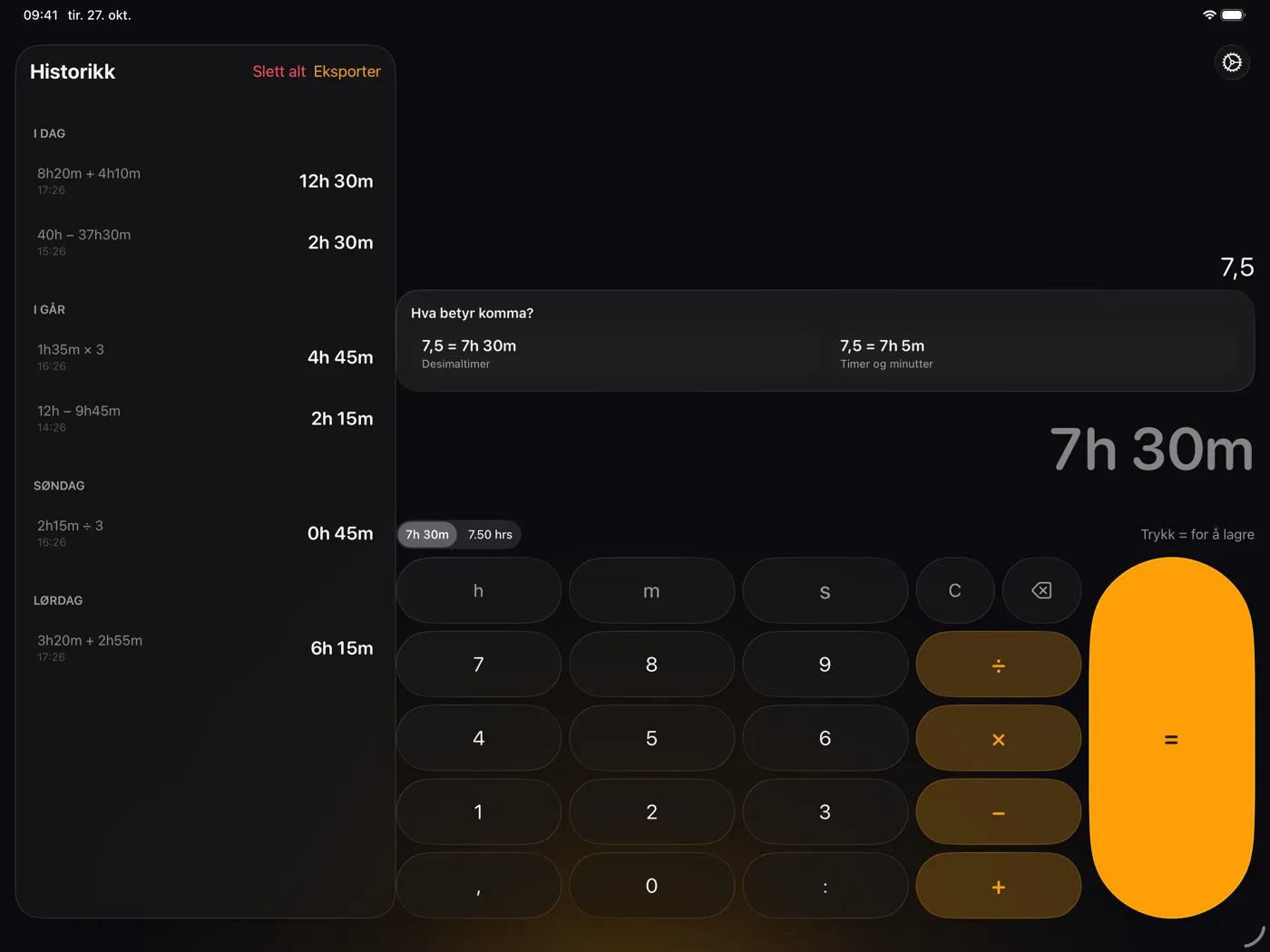 ChronoCalc Pro på iPad - spørsmålet «Hva betyr komma?»: 7,5 som 7 t 30 min (desimaltimer) eller 7 t 5 min (timer og minutter)