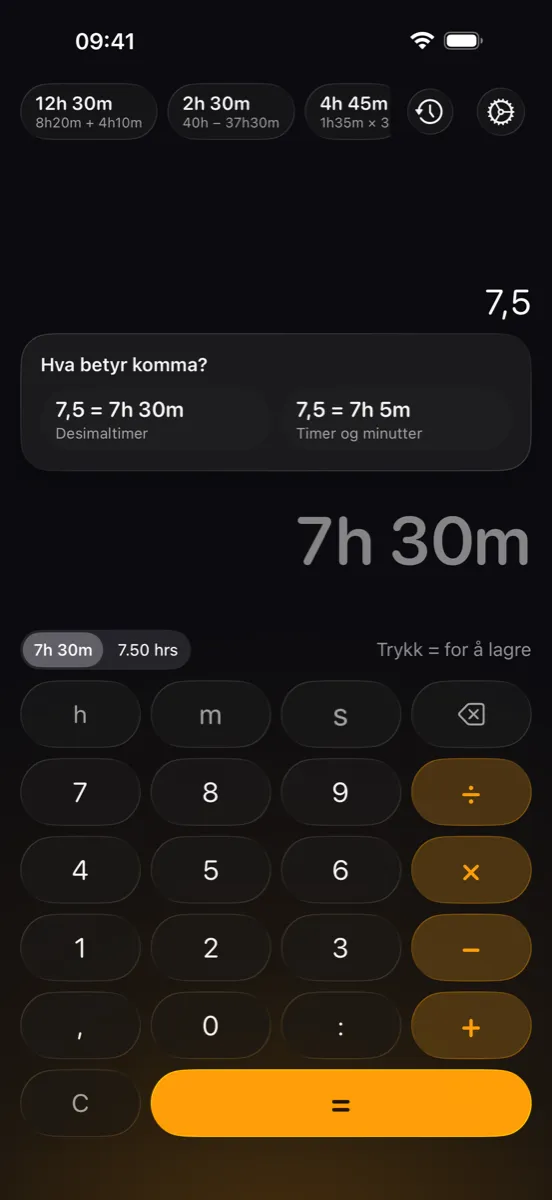 ChronoCalc Pro på iPhone - spørsmålet «Hva betyr komma?»: 7,5 som 7 t 30 min (desimaltimer) eller 7 t 5 min (timer og minutter)