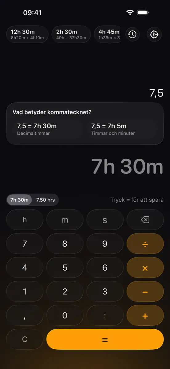 ChronoCalc Pro på iPhone - frågan om vad kommatecknet betyder: 7,5 som 7 h 30 min (decimaltimmar) eller 7 h 5 min (timmar och minuter)