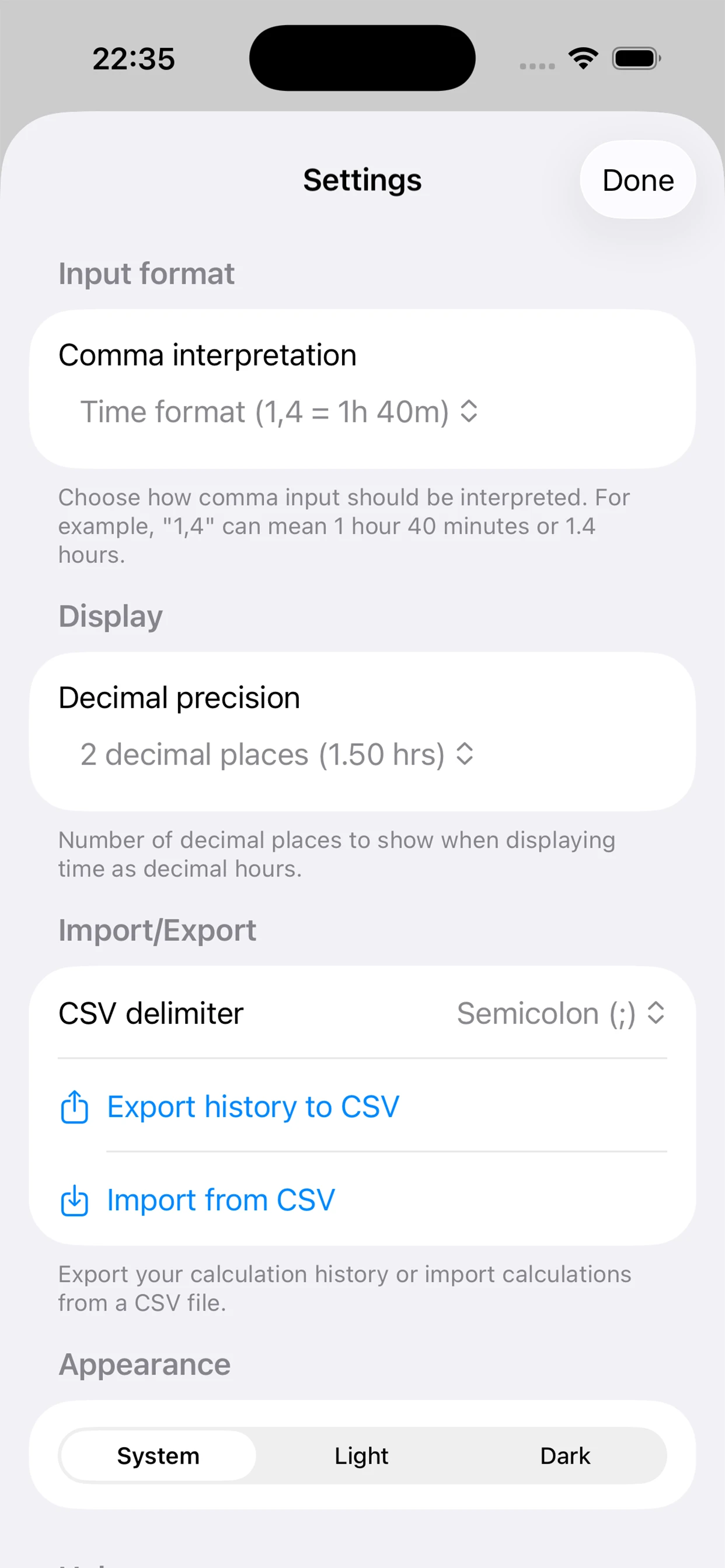 ChronoCalc Pro - Settings