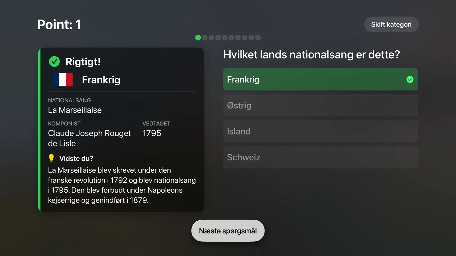 Flagtastic på Apple TV: rigtigt svar Frankrig med nationalsangen La Marseillaise, komponist, år og en sjov fakta