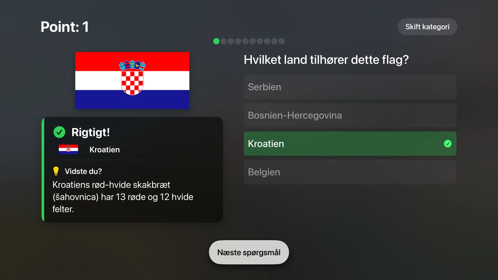 Flagtastic på Apple TV: flagquiz med Kroatiens flag besvaret rigtigt og en sjov fakta