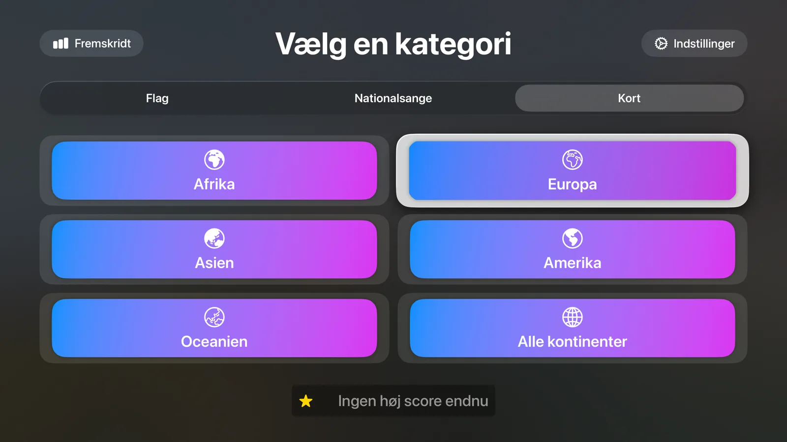 Flagtastic på Apple TV: Vælg en kategori med tilstandene Flag, Nationalsange og Kort og knapper for hvert kontinent
