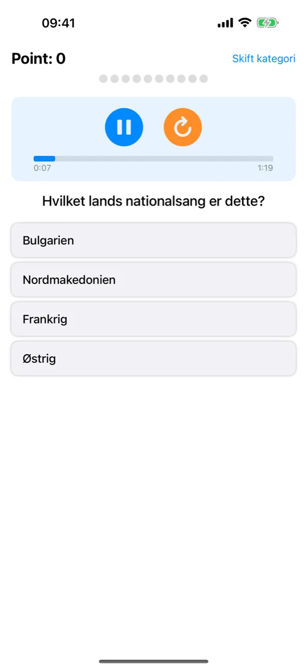 Flagtastic på iPhone: nationalsangsquiz, hvor en nationalsang spilles, med fire svarmuligheder