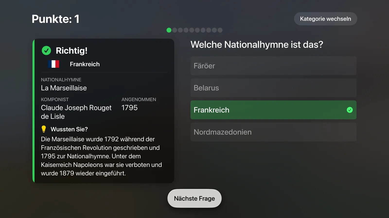 Flagtastic auf Apple TV: richtige Antwort Frankreich mit der Hymne La Marseillaise, Komponist, Jahr und einem Fun Fact