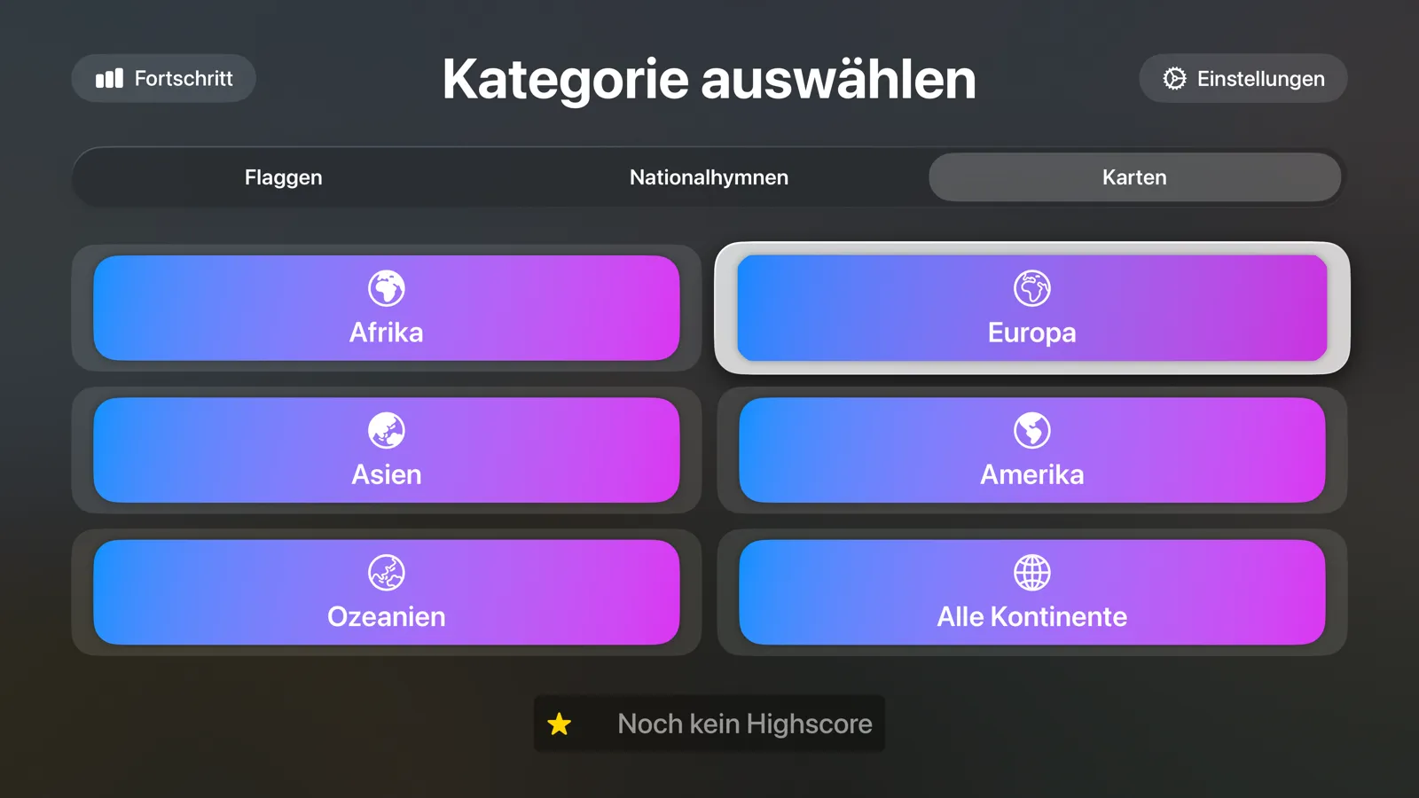 Flagtastic auf Apple TV: Kategorie auswählen mit den Modi Flaggen, Nationalhymnen und Karten und Tasten für jeden Kontinent