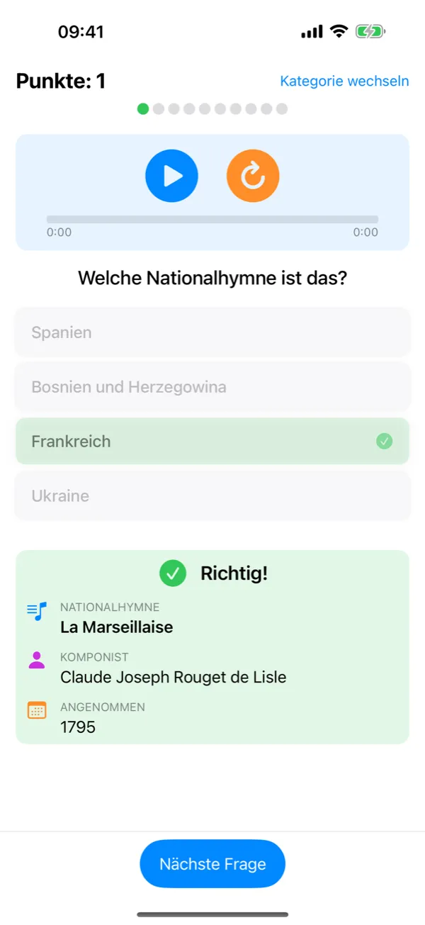 Flagtastic auf dem iPhone: richtige Antwort mit Name der Hymne, Komponist und Jahr