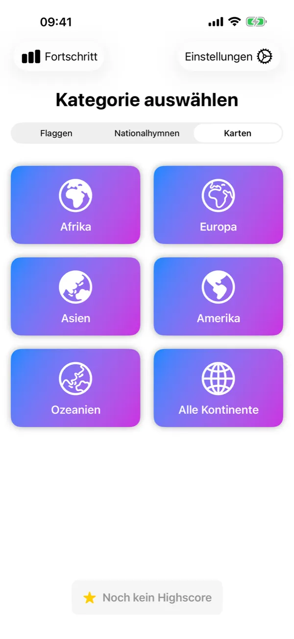 Flagtastic auf dem iPhone: Kategorie auswählen mit den Modi Flaggen, Nationalhymnen und Karten und Tasten für jeden Kontinent