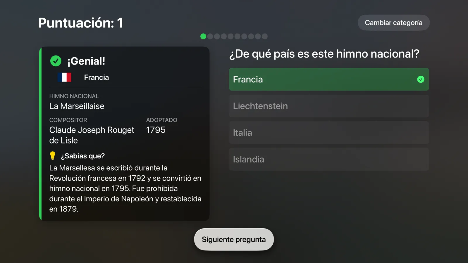 Flagtastic en Apple TV: respuesta correcta Francia con el himno La Marseillaise, el compositor, el año y una curiosidad