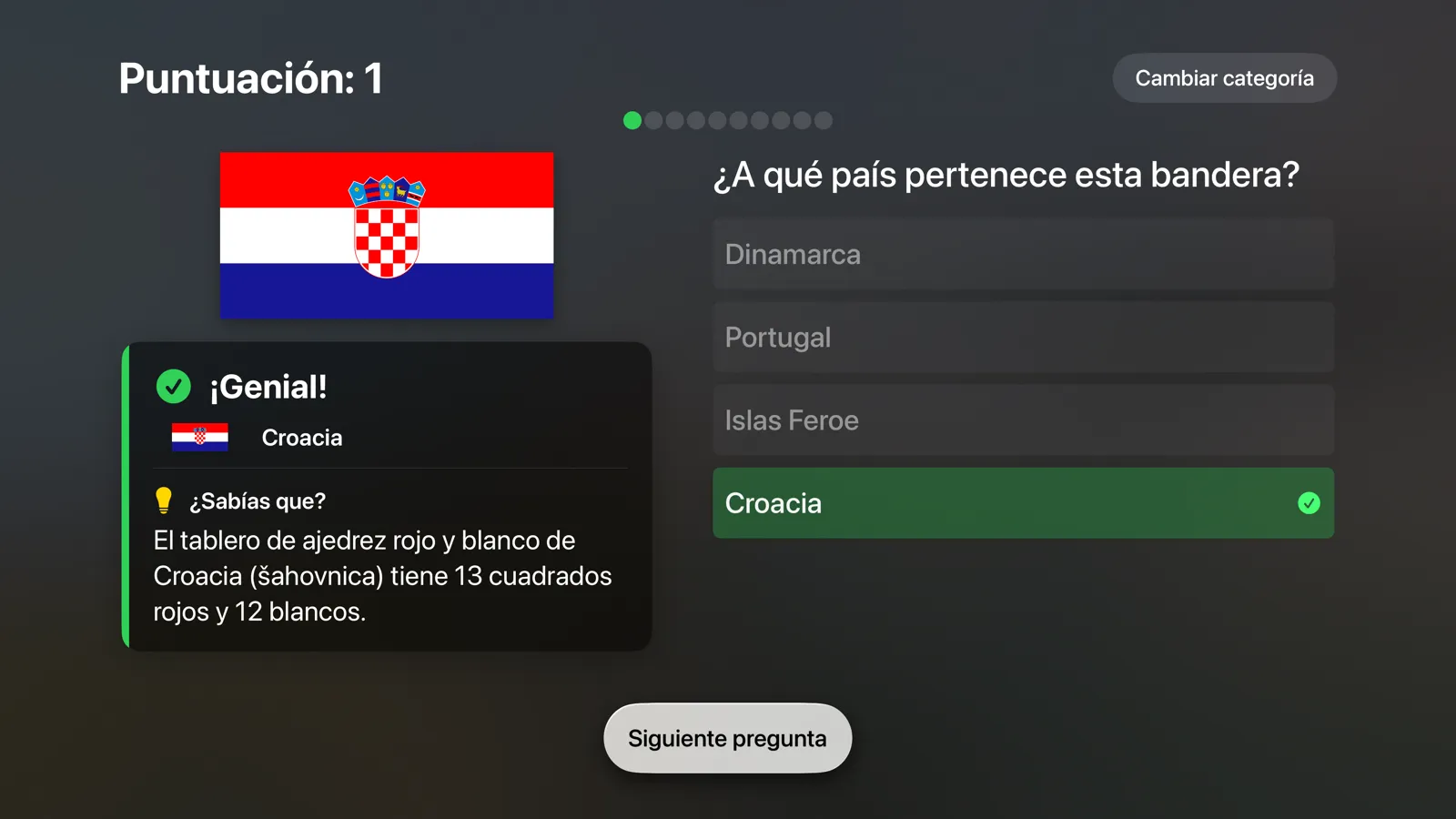 Flagtastic en Apple TV: quiz de banderas con la bandera de Croacia acertada y una curiosidad