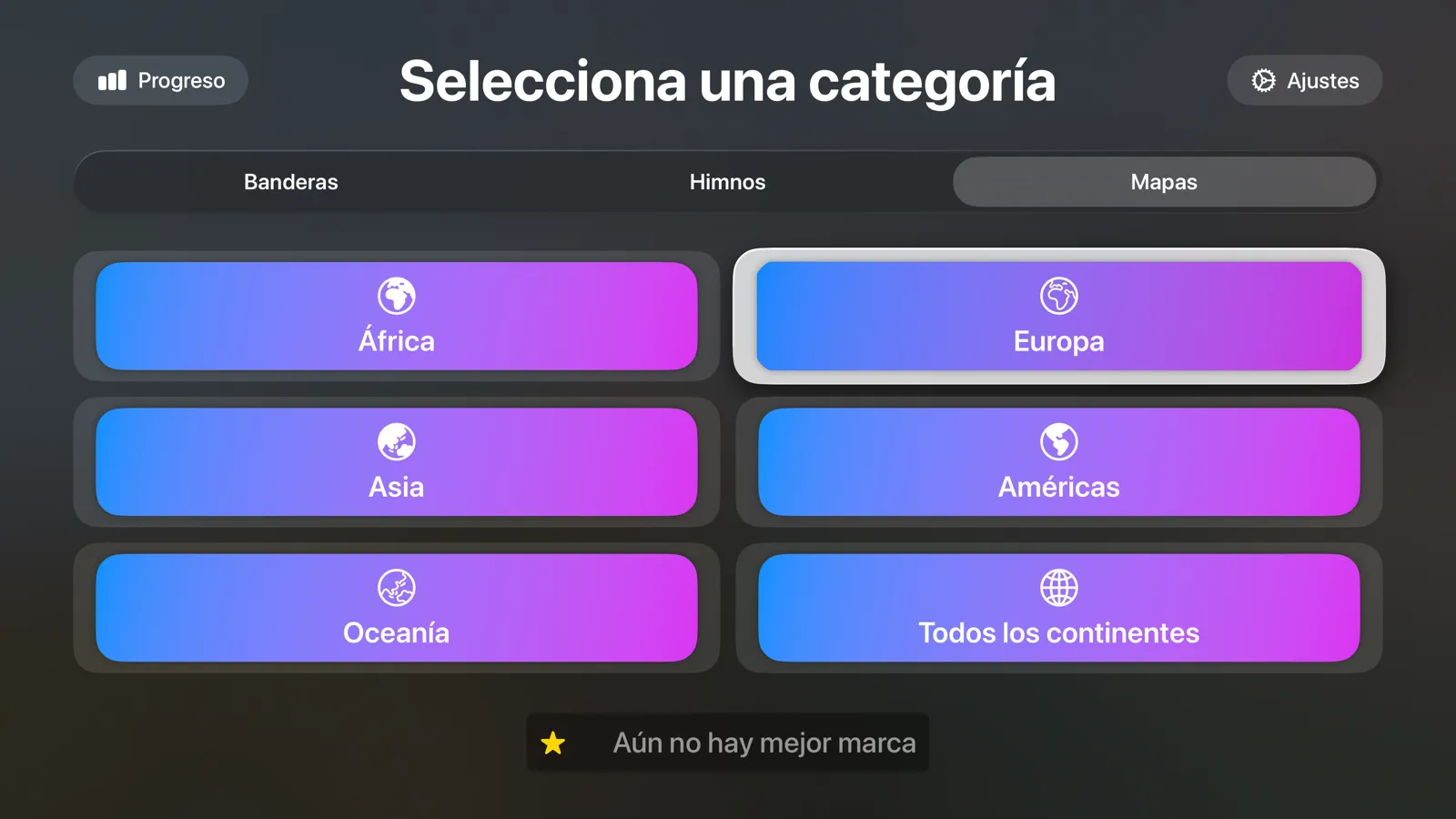 Flagtastic en Apple TV: selección de categoría con los modos Banderas, Himnos y Mapas y un botón para cada continente