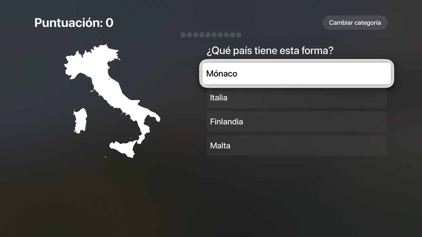 Flagtastic en Apple TV: quiz de mapas con el contorno de un país y cuatro opciones de respuesta