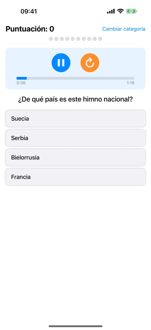 Flagtastic en iPhone: quiz de himnos mientras suena un himno nacional, con cuatro opciones de respuesta