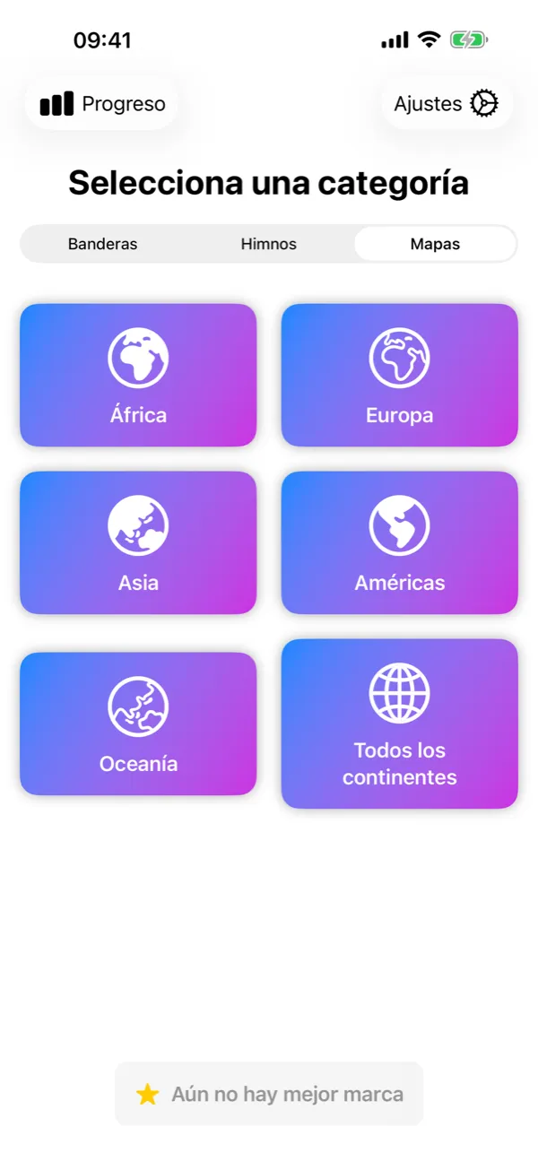 Flagtastic en iPhone: selección de categoría con los modos Banderas, Himnos y Mapas y un botón para cada continente
