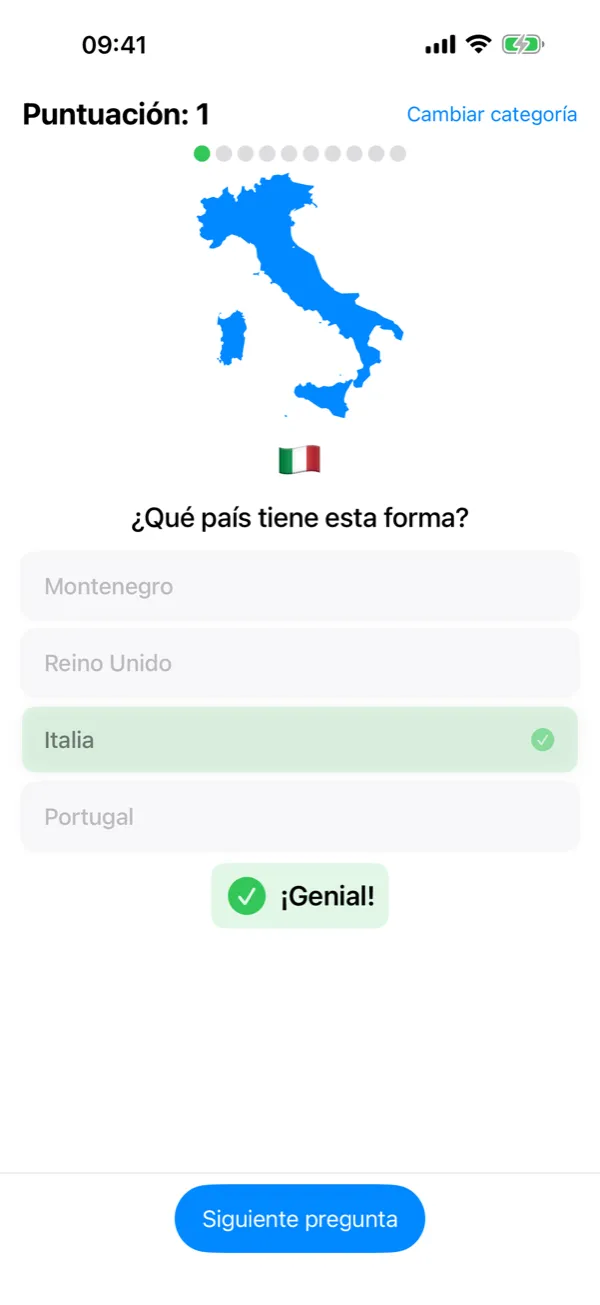 Flagtastic en iPhone: quiz de mapas que pregunta qué país tiene esta forma, con la respuesta correcta marcada