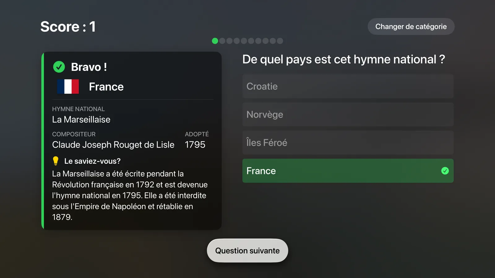 Flagtastic sur Apple TV : bonne réponse France avec l’hymne La Marseillaise, le compositeur, l’année et une anecdote