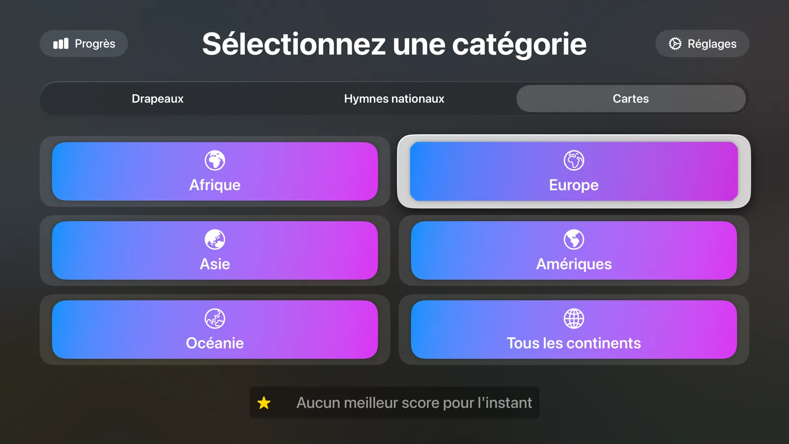 Flagtastic sur Apple TV : choix de la catégorie avec les modes Drapeaux, Hymnes et Cartes et un bouton par continent