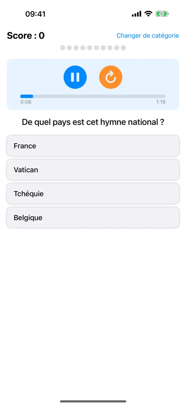 Flagtastic sur iPhone : quiz d’hymnes pendant la lecture d’un hymne national, avec quatre réponses possibles