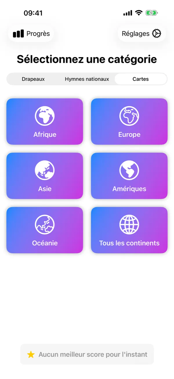 Flagtastic sur iPhone : choix de la catégorie avec les modes Drapeaux, Hymnes et Cartes et un bouton par continent