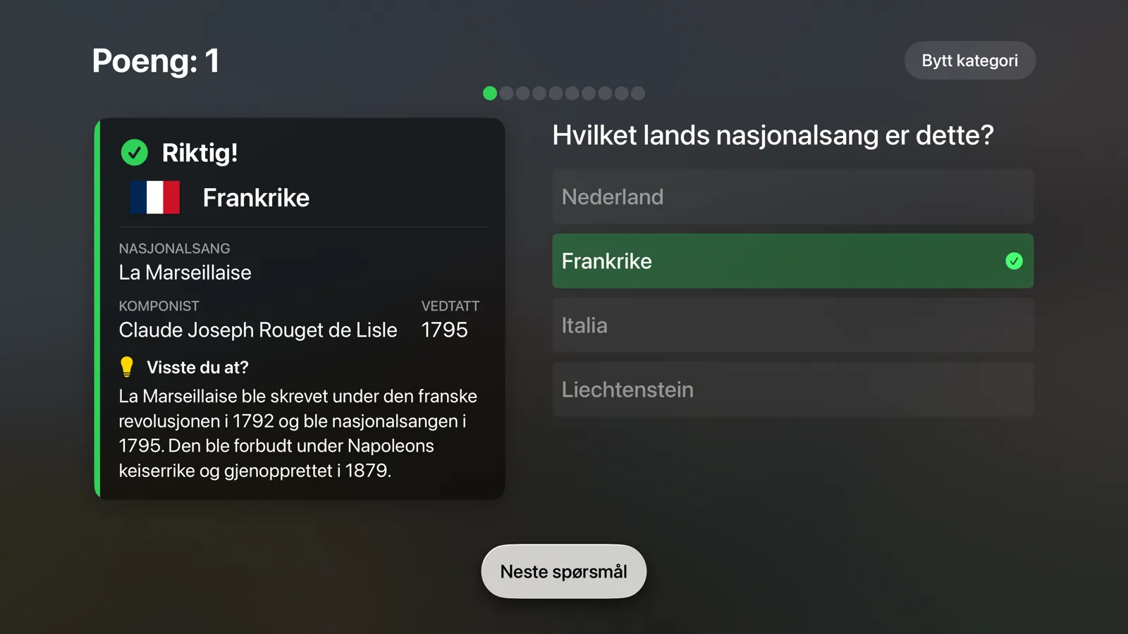 Flagtastic på Apple TV: riktig svar Frankrike med nasjonalsangen La Marseillaise, komponist, år og en morsom fakta