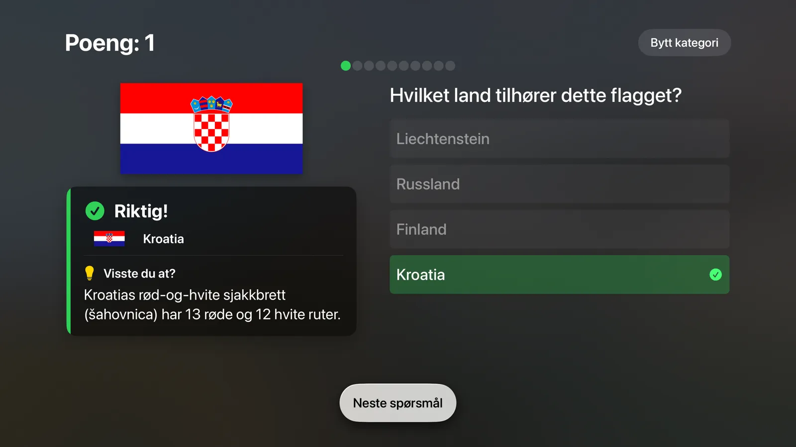 Flagtastic på Apple TV: flaggquiz med Kroatias flagg besvart riktig og en morsom fakta