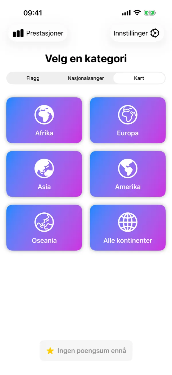 Flagtastic på iPhone: Velg en kategori med modusene Flagg, Nasjonalsanger og Kart og knapper for hvert kontinent