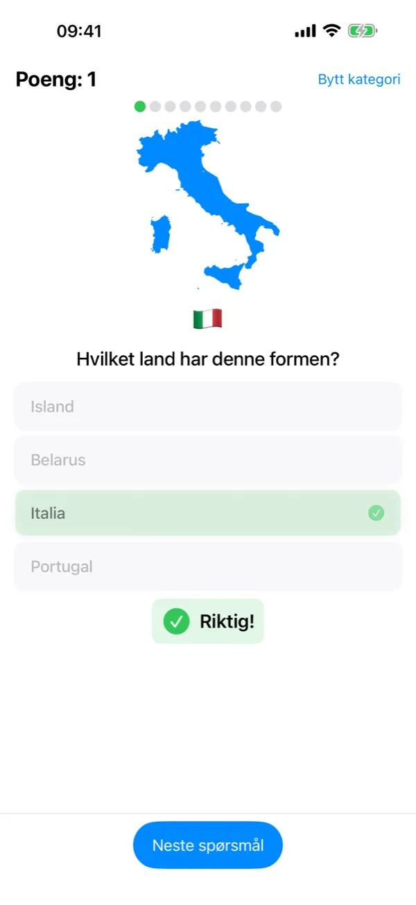 Flagtastic på iPhone: kartquiz som spør hvilket land som har denne formen, med riktig svar markert