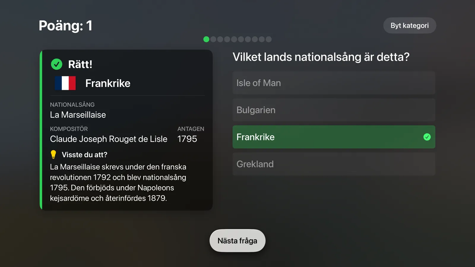 Flagtastic på Apple TV: rätt svar Frankrike med nationalsången La Marseillaise, kompositör, år och en rolig fakta