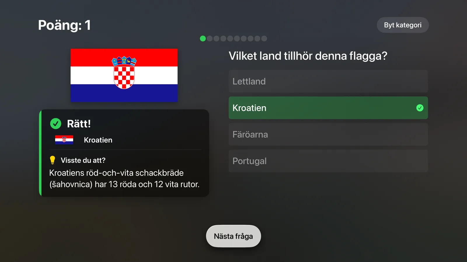 Flagtastic på Apple TV: flaggquiz med Kroatiens flagga rätt besvarad och en rolig fakta