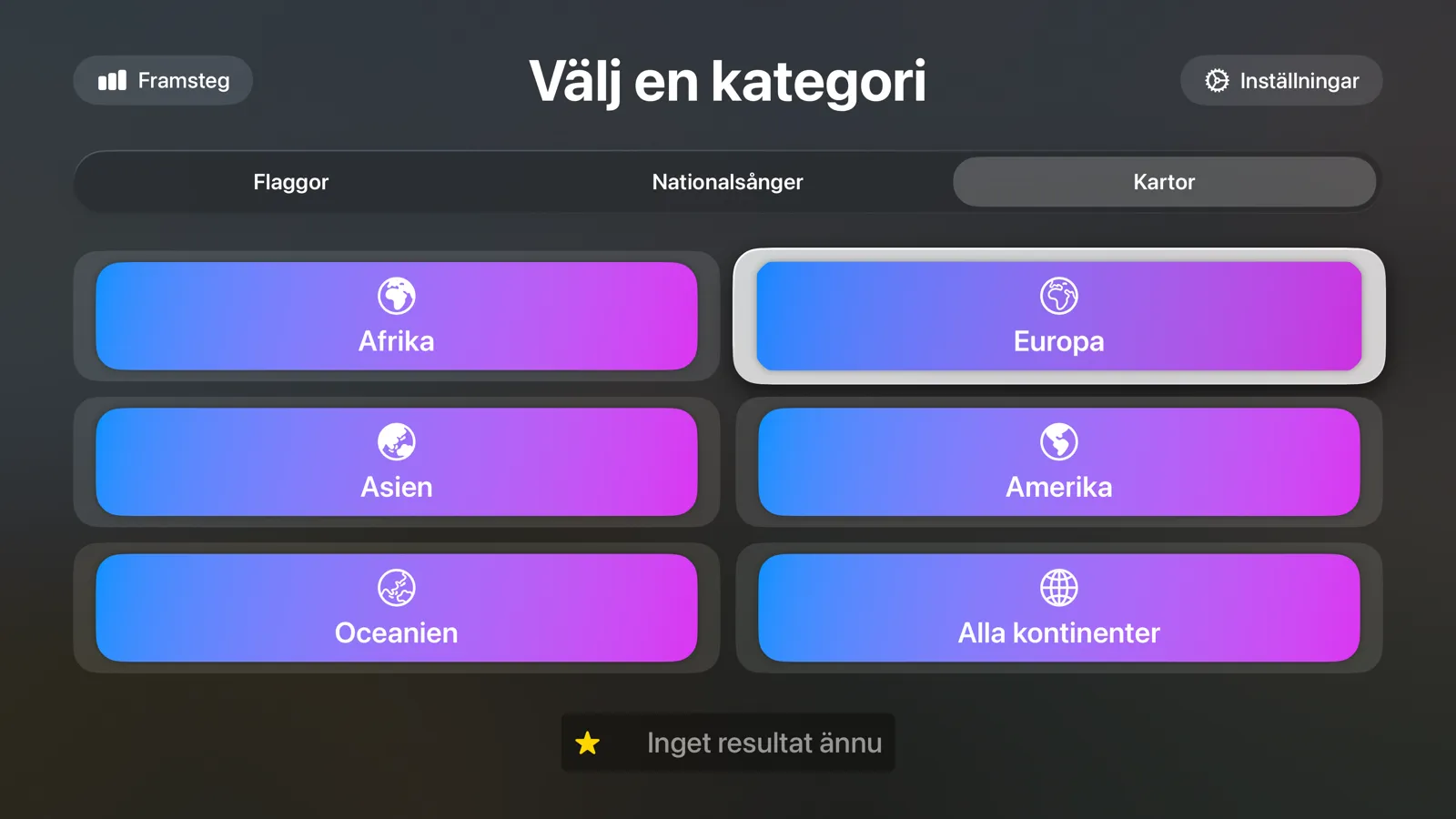 Flagtastic på Apple TV: Välj en kategori med lägena Flaggor, Nationalsånger och Kartor och knappar för varje kontinent