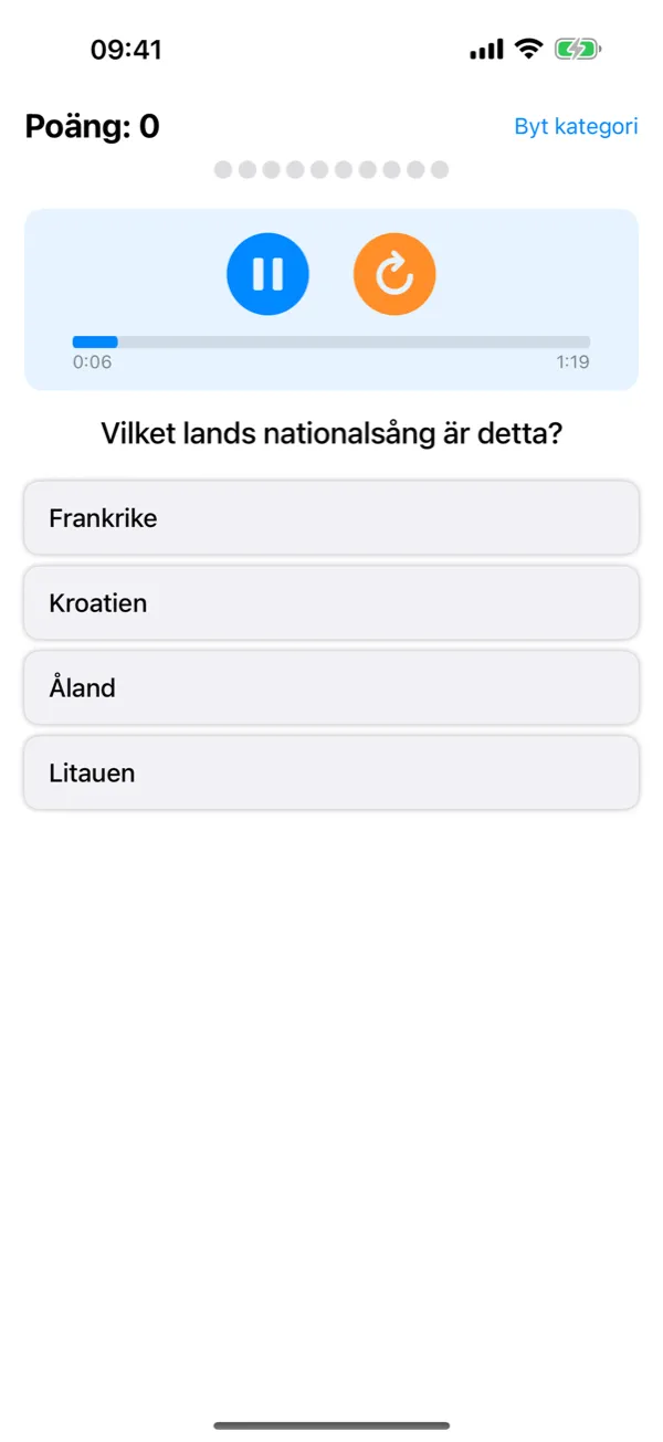 Flagtastic på iPhone: nationalsångsquiz där en nationalsång spelas, med fyra svarsalternativ