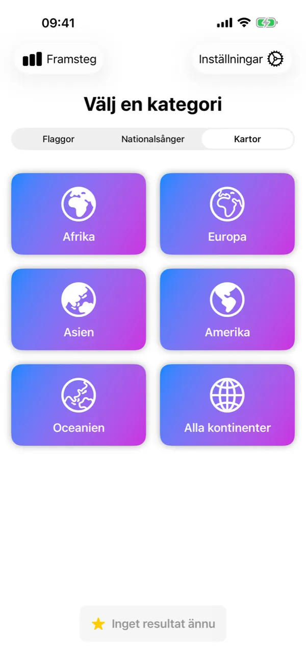 Flagtastic på iPhone: Välj en kategori med lägena Flaggor, Nationalsånger och Kartor och knappar för varje kontinent