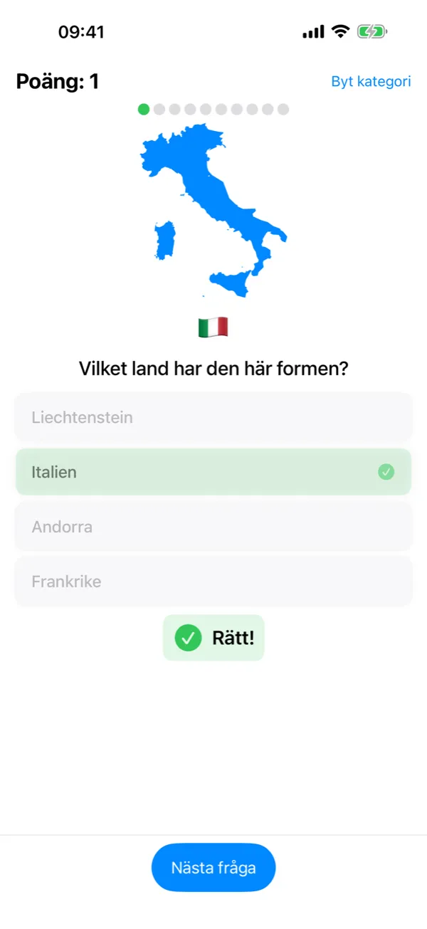 Flagtastic på iPhone: kartquiz som frågar vilket land som har den här formen, med rätt svar markerat