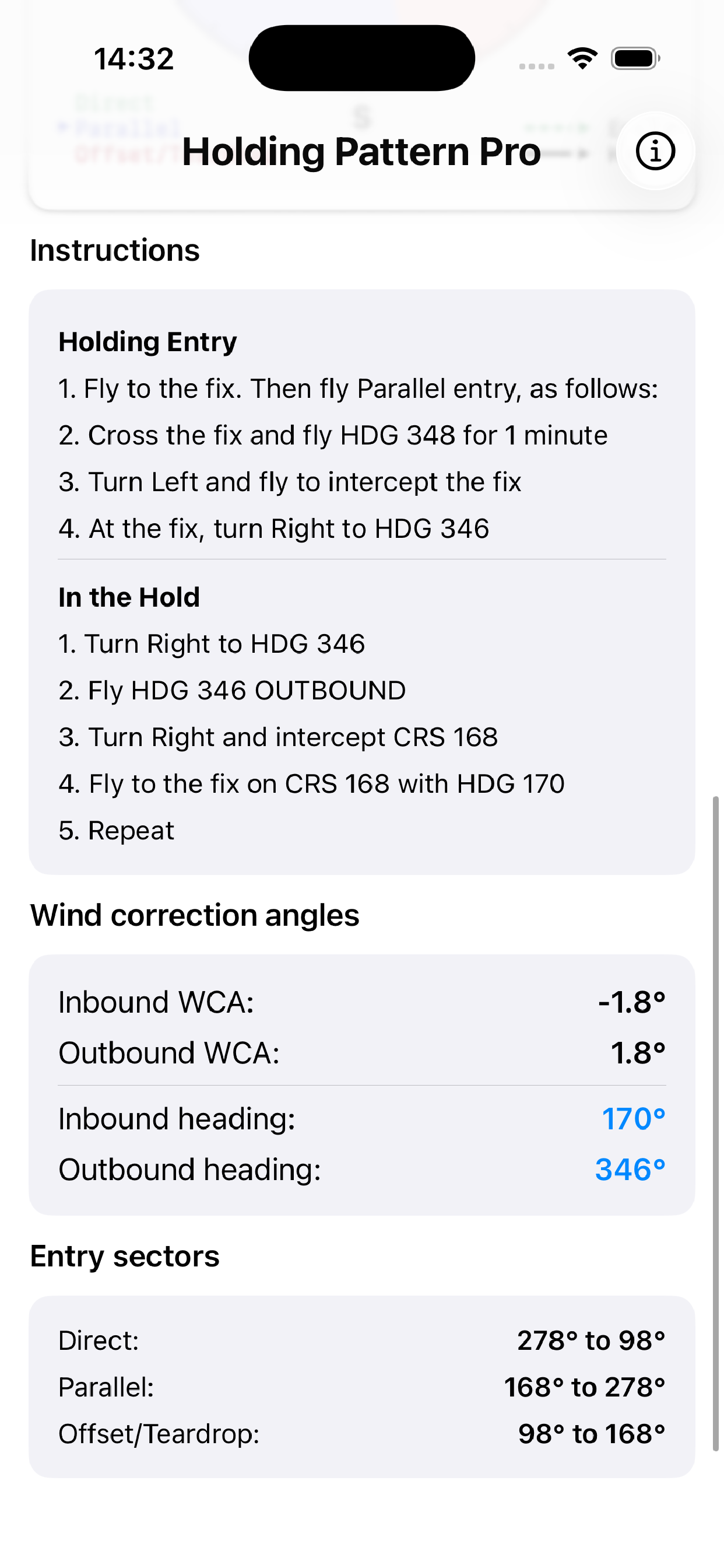 Holding Pattern Pro on iPhone — step-by-step holding entry instructions, wind correction angles, and entry sector ranges