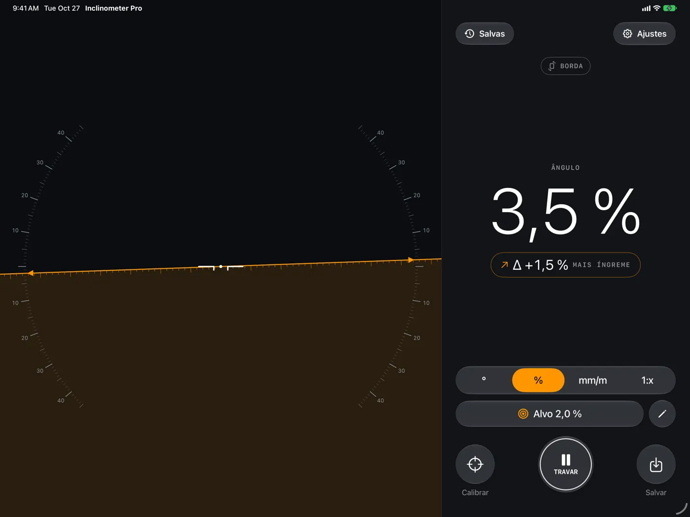 Inclinometer Pro no iPad — modo Borda em 3,5 %, 1,5 % mais íngreme que o alvo de 2,0 %
