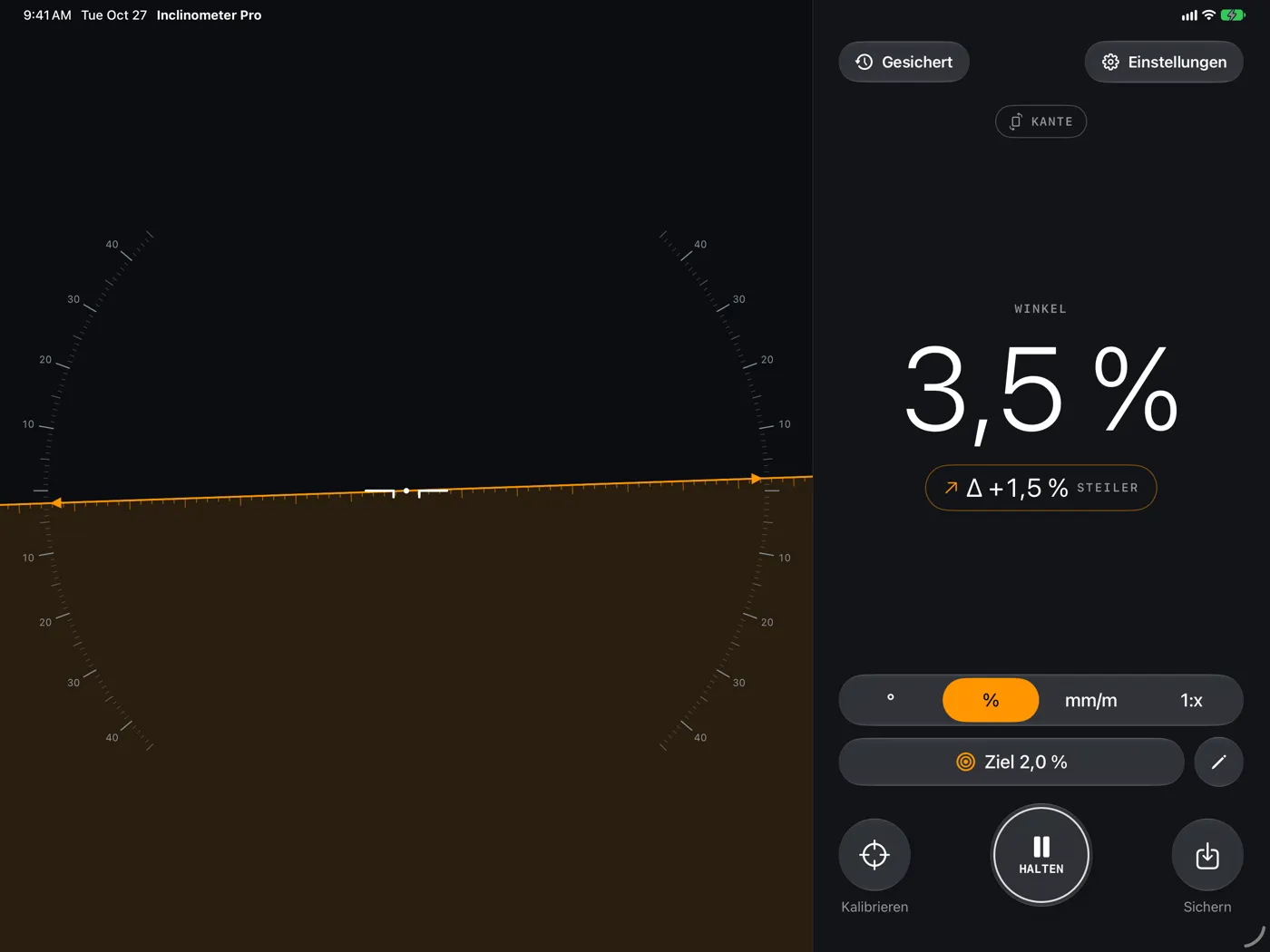 Inclinometer Pro auf dem iPad — Modus Kante bei 3,5 %, 1,5 % steiler als das Ziel von 2,0 %