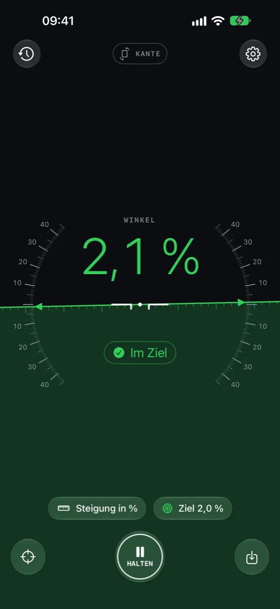 Inclinometer Pro auf dem iPhone — im Ziel: Die Anzeige wird bei 2,1 % mit einem Zielgefälle von 2,0 % grün
