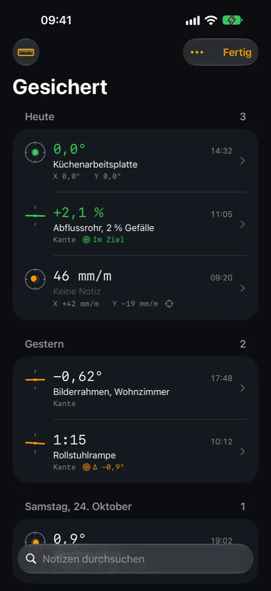 Inclinometer Pro auf dem iPhone — gesicherte Messungen mit Notizen wie Küchenarbeitsplatte, Abflussrohr, 2 % Gefälle und Rollstuhlrampe
