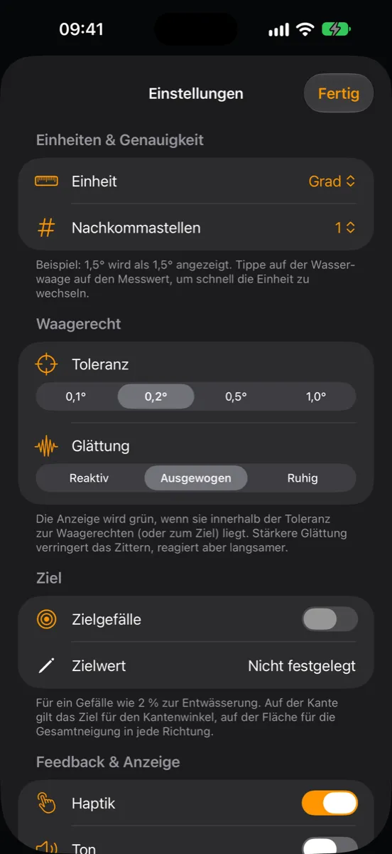Einstellungen von Inclinometer Pro — Einheit, Nachkommastellen, Toleranz, Glättung, Zielgefälle, Haptik und Ton