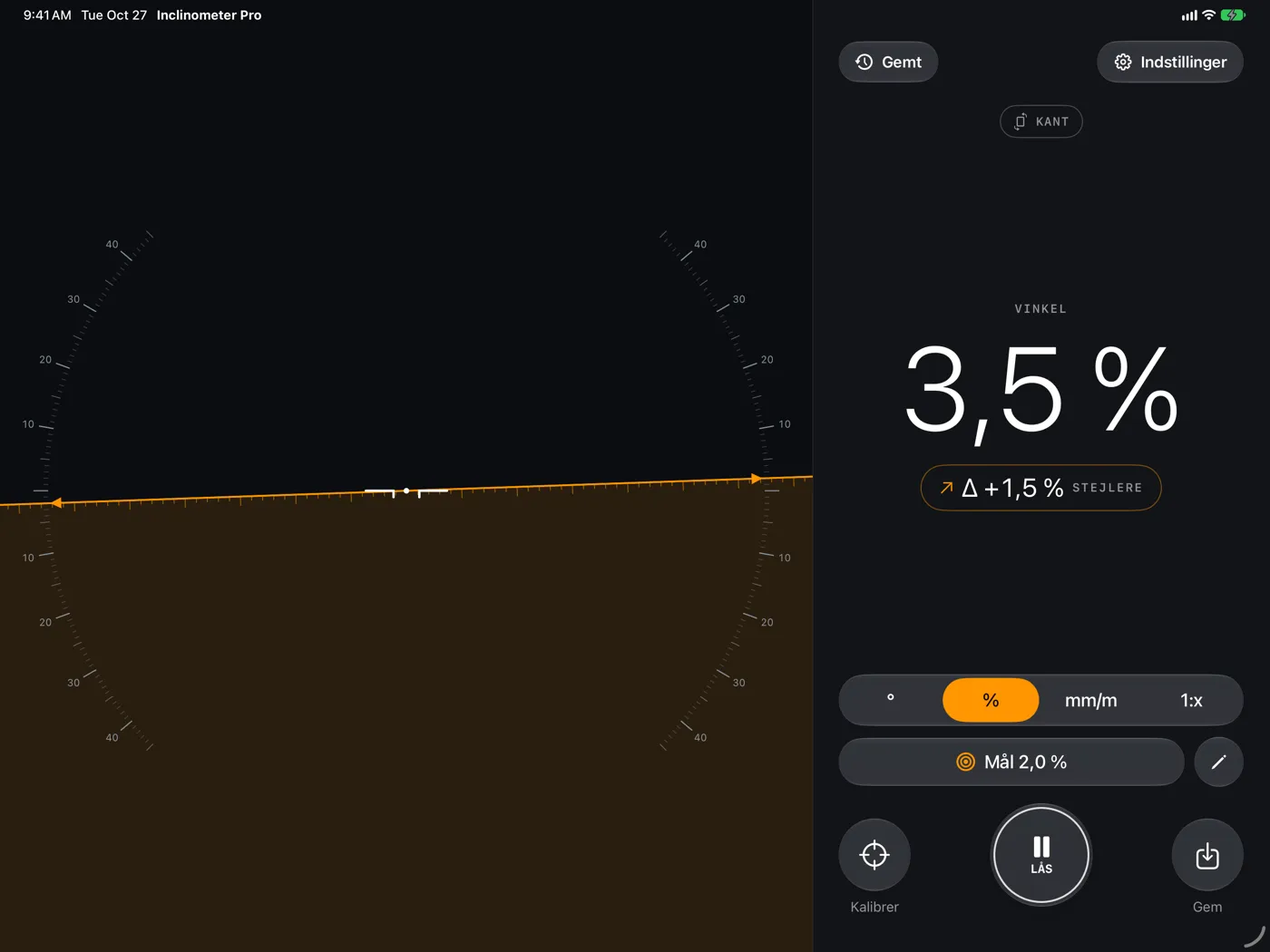 Inclinometer Pro på iPad — Kant ved 3,5 %, 1,5 % stejlere end målet på 2,0 %